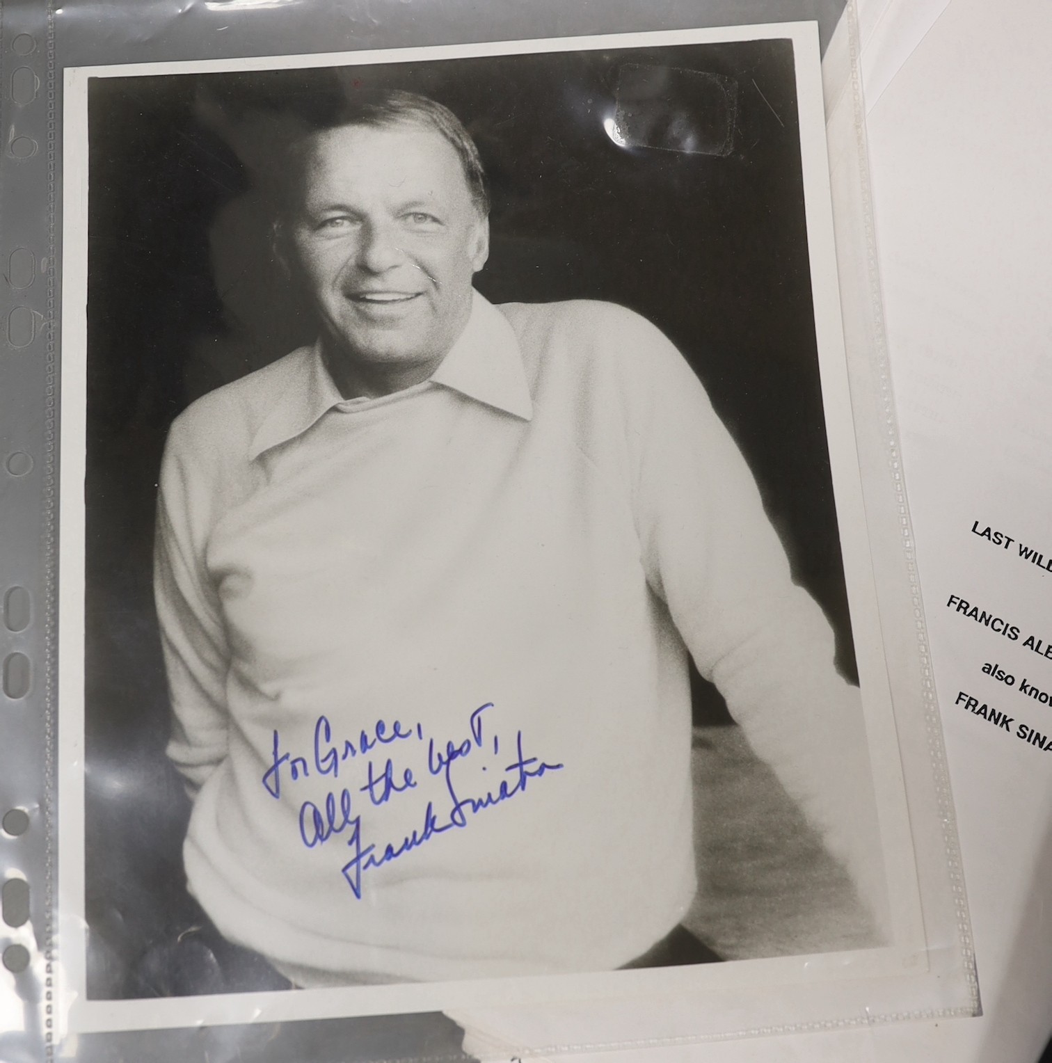 A photo of Sinatra, signed by him, along with a book on him and a copy of his will.